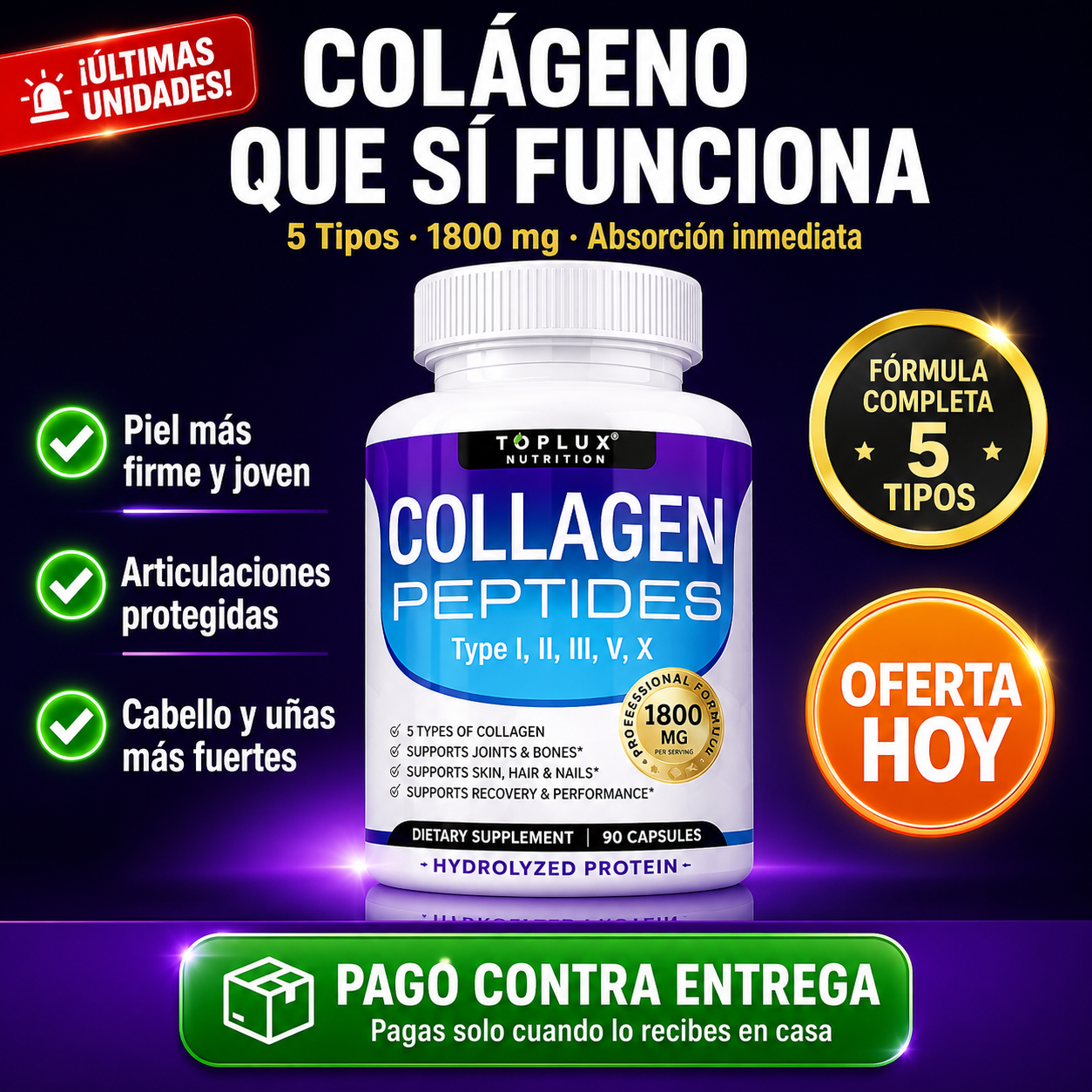 TOPLUX™ Collagen Peptides | Piel Firme, Articulaciones Fuertes y Cabello Sano en 8 Semanas